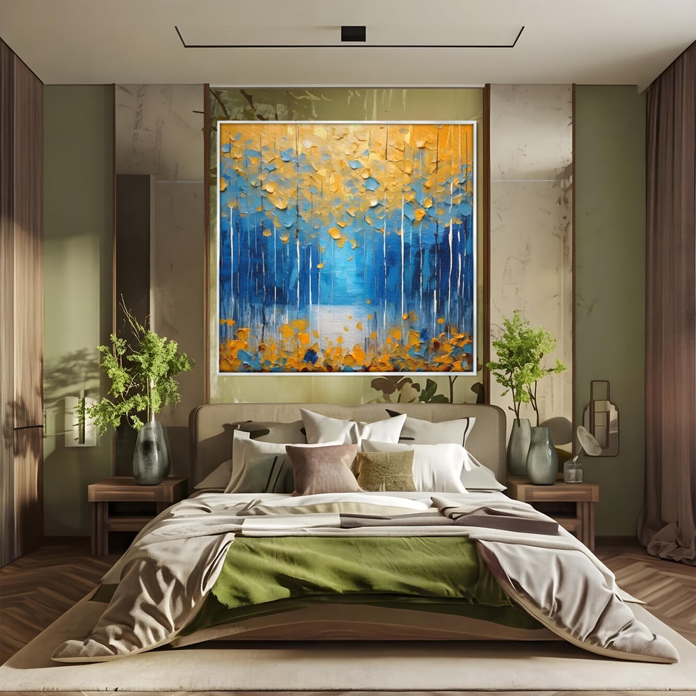Tablou canvas cu pictura abstracta cu frunze si copaci, in rama de aluminiu argintiu, pe perete intr-un dormitor